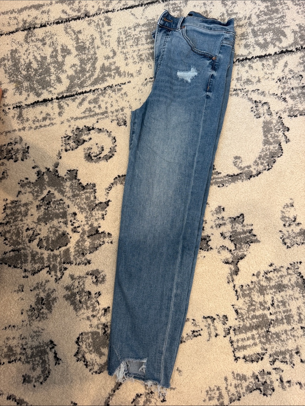 Express Women's Slim Straight Jeans in Light Blue with Frayed Hem